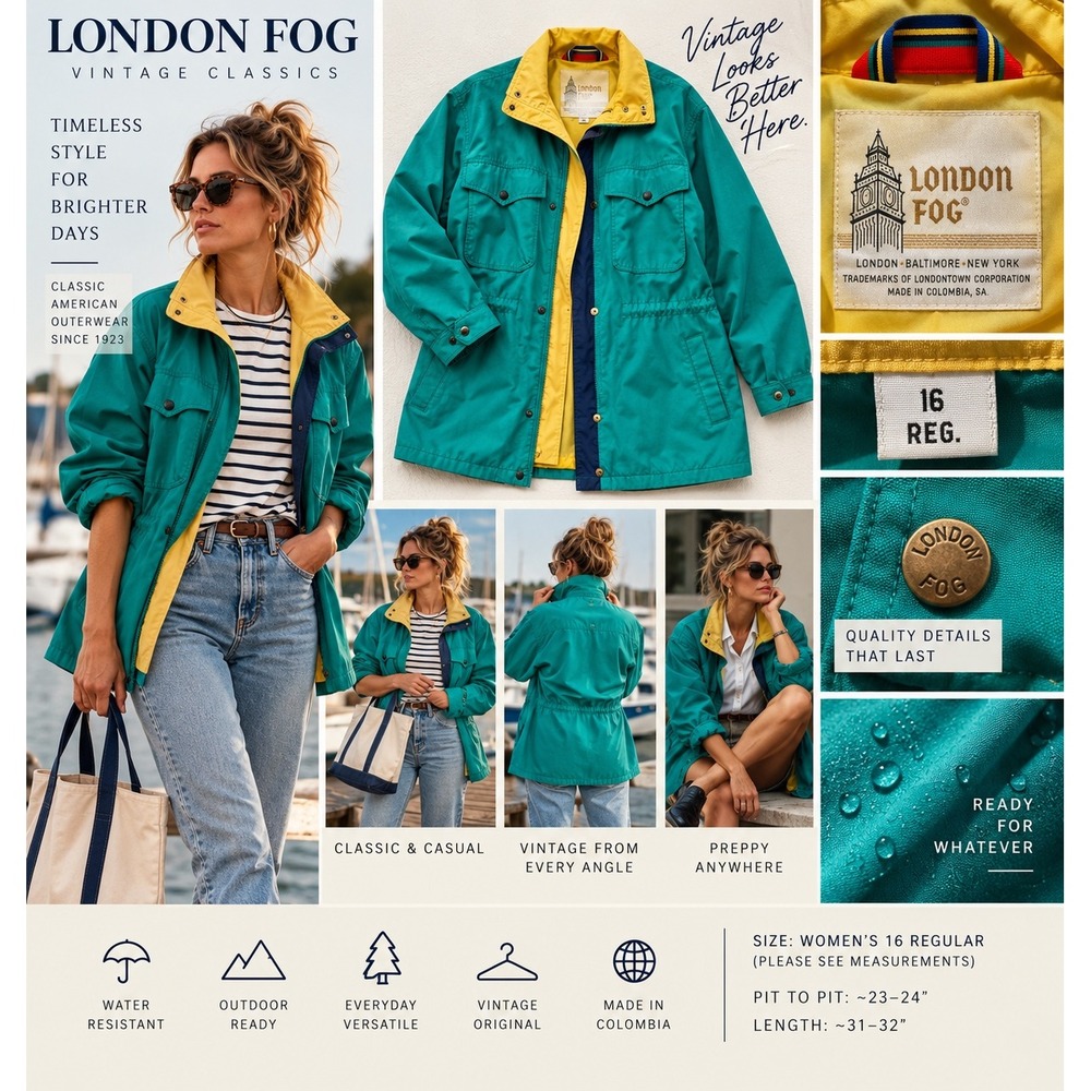 Vintage London Fog Womens 16 Teal Yellow Colorblock Rain Field Jacket Preppy